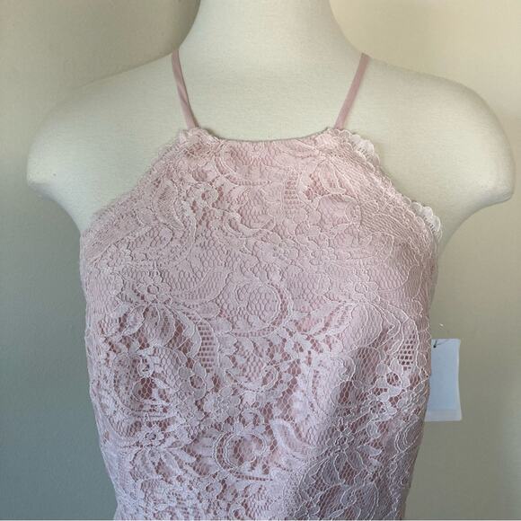 Dessy Collection NWT Halter Cross Back Marquis Lace Trumpet Blush Dress Size 14 - Picture 5 of 7